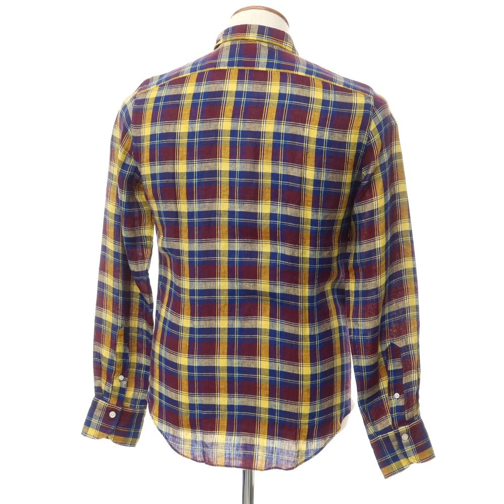【中古】フィナモレ Finamore リネン チェック カジュアルシャツ ボルドーxネイビー×イエロー【 39 】【 状態ランクB 】【 メンズ 】