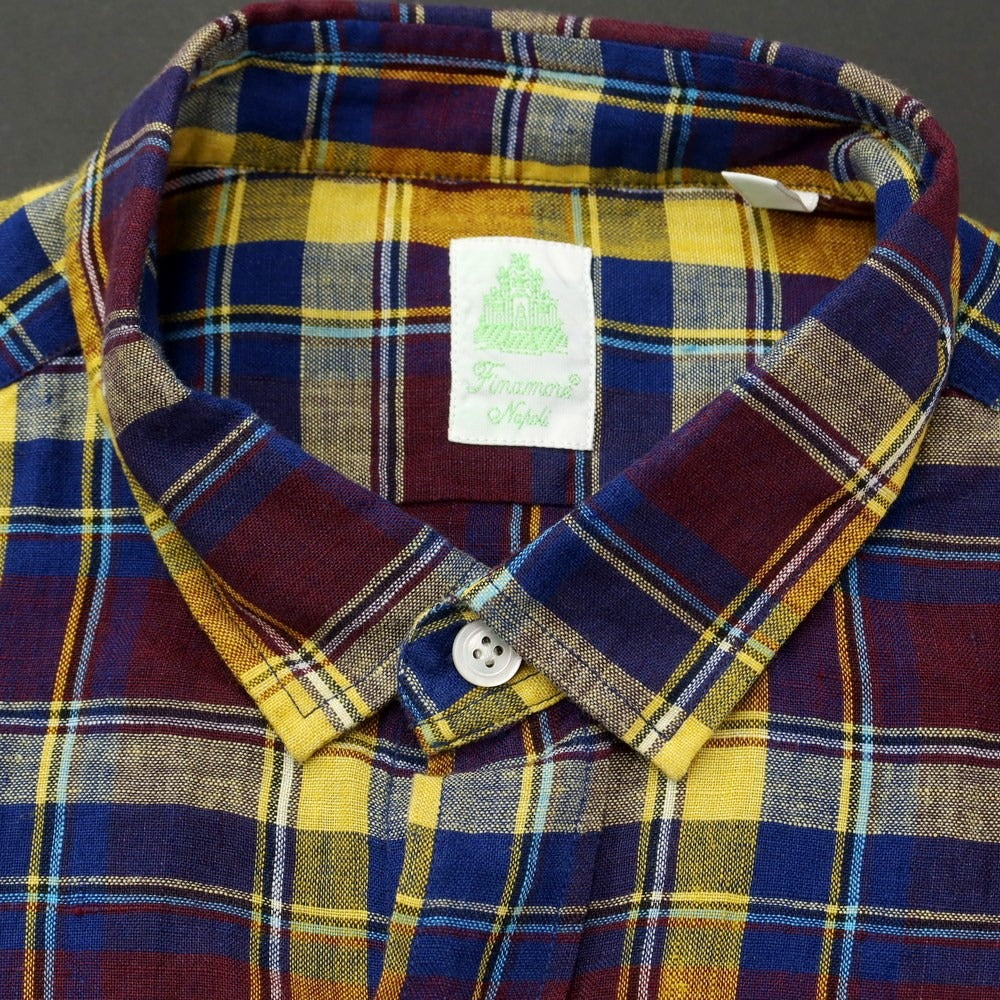 【中古】フィナモレ Finamore リネン チェック カジュアルシャツ ボルドーxネイビー×イエロー【 39 】【 状態ランクB 】【 メンズ 】