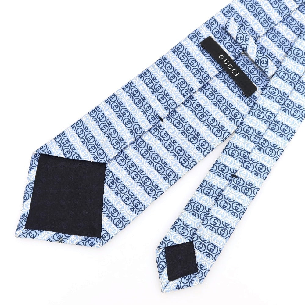 【中古】グッチ GUCCI ダブルG 3つ折り シルク ネクタイ ライトブルーxネイビー【 状態ランクB 】【 メンズ 】