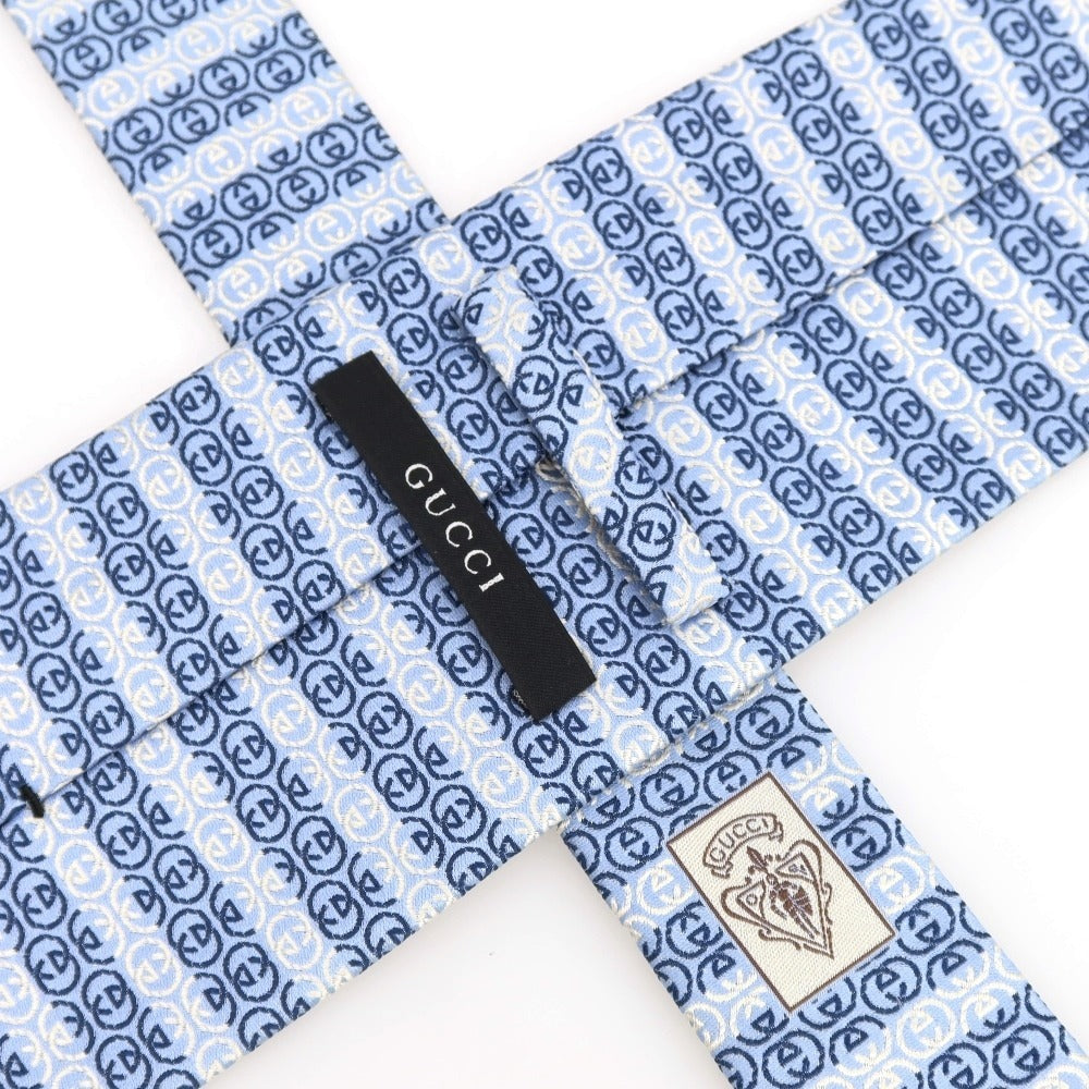 【中古】グッチ GUCCI ダブルG 3つ折り シルク ネクタイ ライトブルーxネイビー【 状態ランクB 】【 メンズ 】