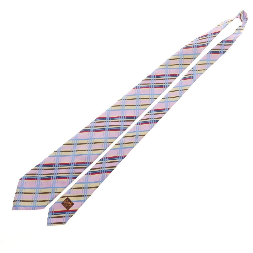 【中古】エルメス HERMES 3つ折り シルク チェック柄ネクタイ ピンクxブルー【PNK】【S/S/A/W】【状態ランクB】【メンズ】【759179】