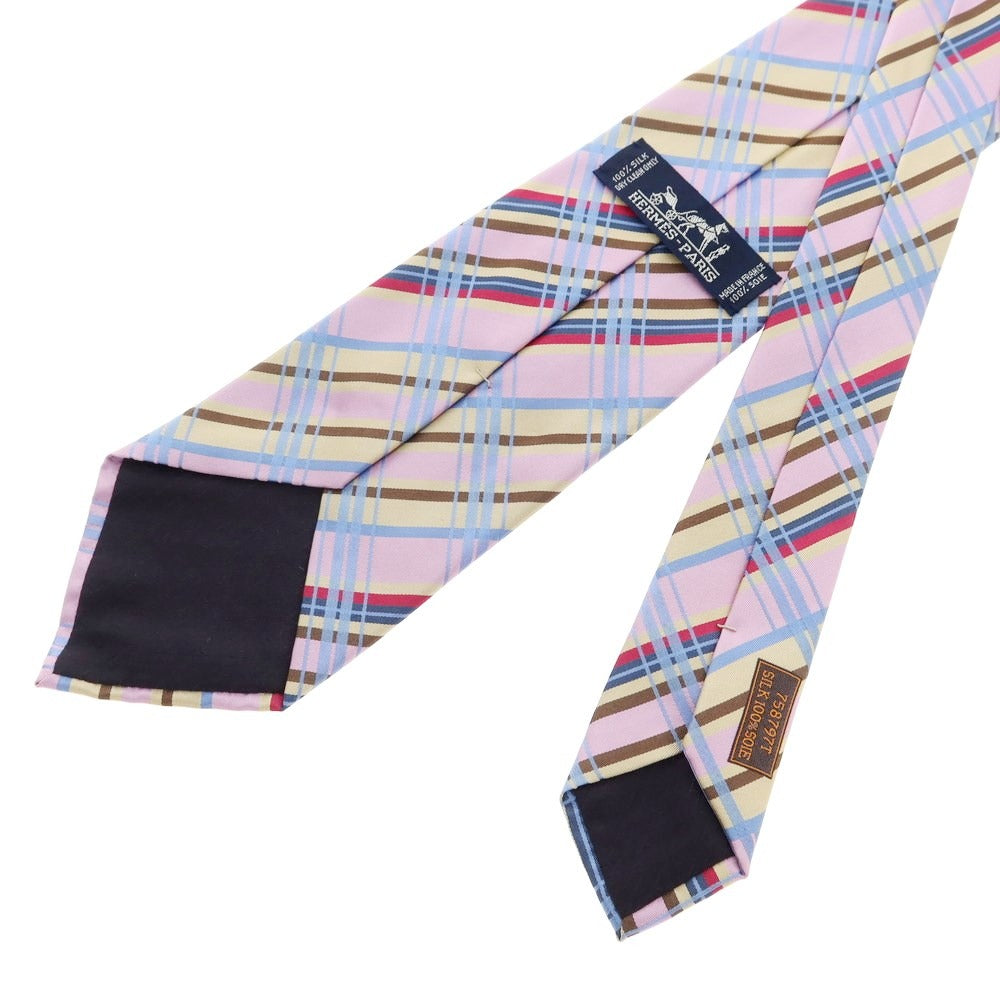 【中古】エルメス HERMES 3つ折り シルク チェック柄ネクタイ ピンクxブルー【PNK】【S/S/A/W】【状態ランクB】【メンズ】【759179】