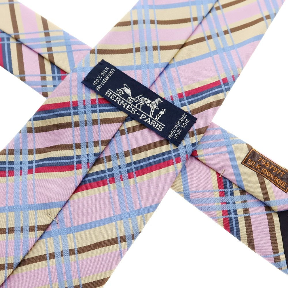 【中古】エルメス HERMES 3つ折り シルク チェック柄ネクタイ ピンクxブルー【PNK】【S/S/A/W】【状態ランクB】【メンズ】【759179】