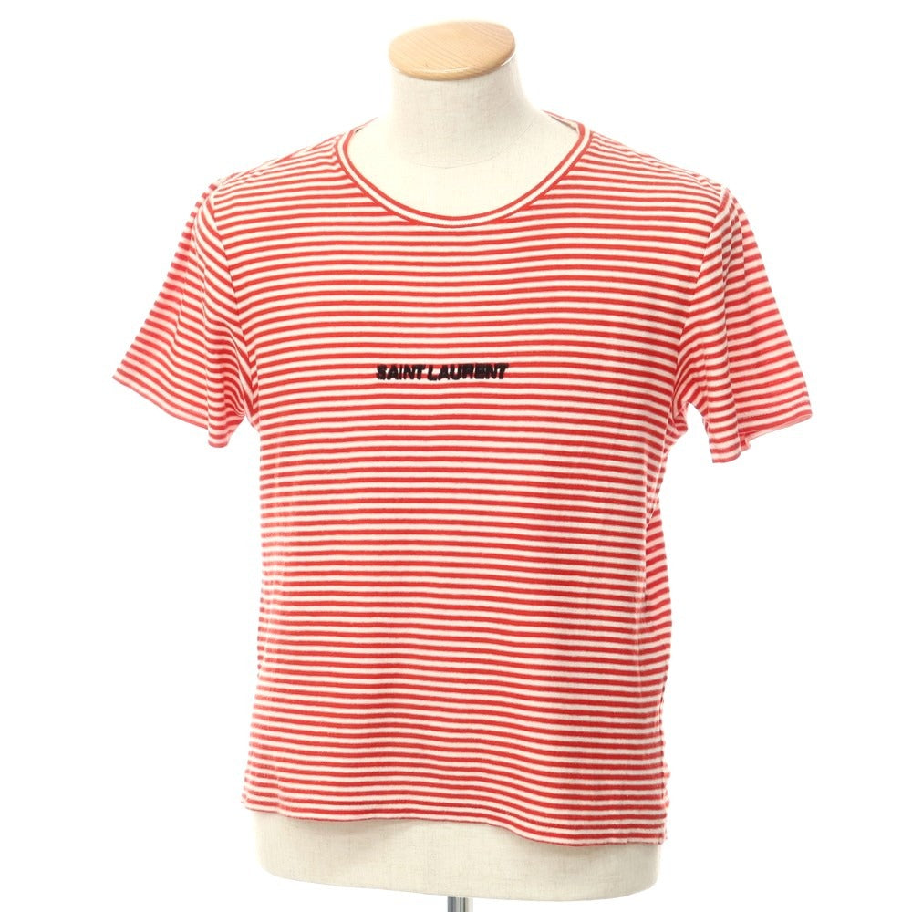 【中古】サンローランパリ SAINT LAURENT PARIS ハイゲージコットン 半袖ニットTシャツ レッドxオフホワイト【 XS 】【 状態ランクC 】【 メンズ 】