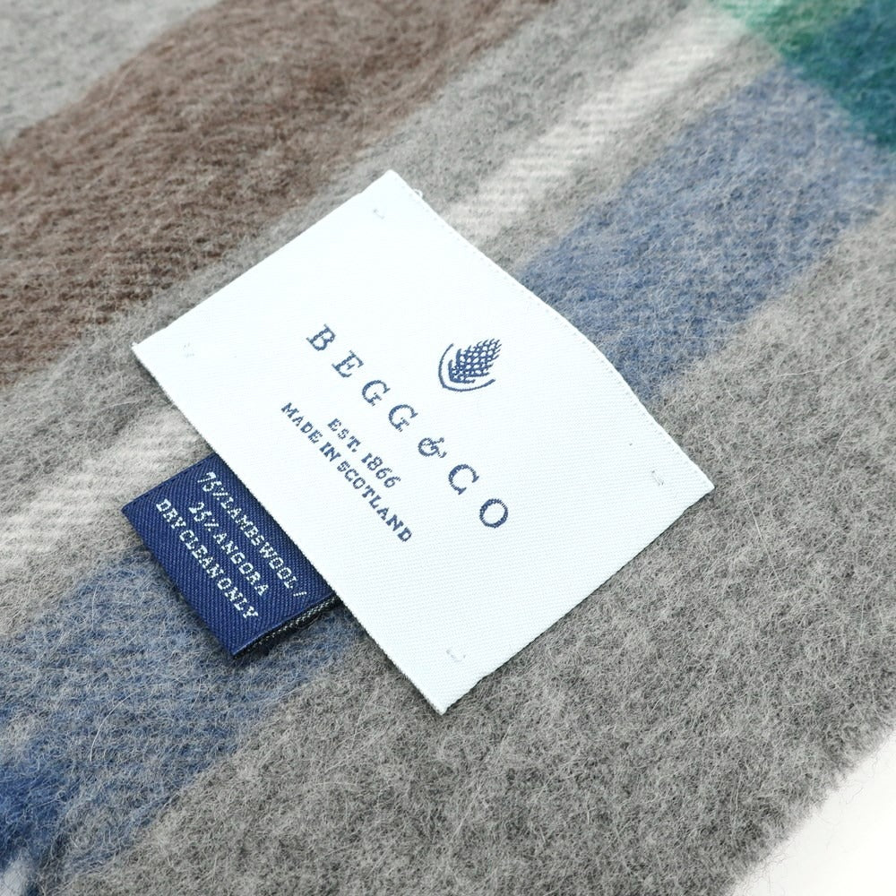 【中古】ベグアンドコー BEGG&CO ウールアンゴラ チェック フリンジ マフラー グレーxネイビー【 状態ランクB 】【 ユニセックス 】