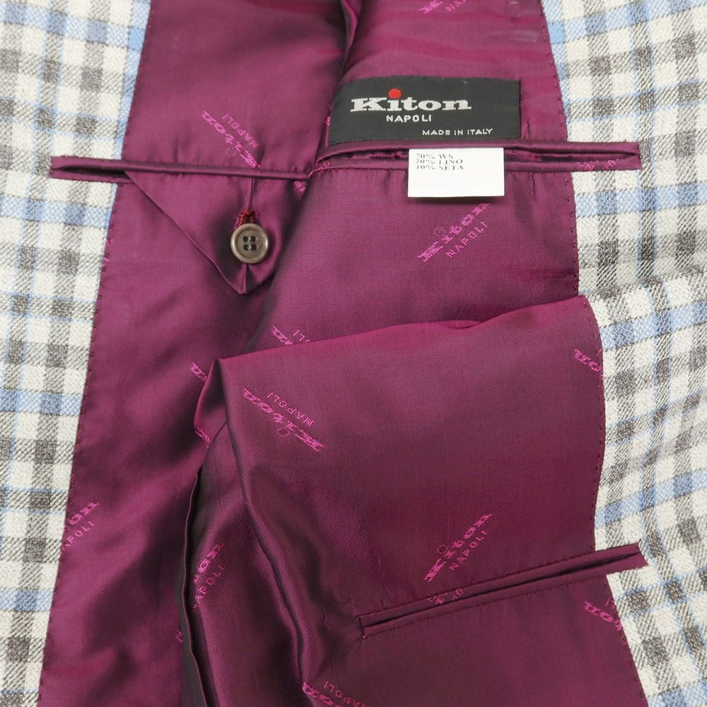 【中古】キートン Kiton カシミヤリネンシルク チェック テーラードジャケット オートミールxグレー×ライトブルー【 48 Drop7R 】【 状態ランクA 】【 メンズ 】