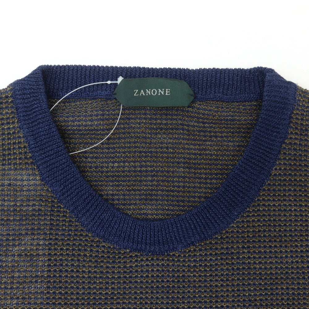 【新品】ザノーネ ZANONE リネン クルーネック 半袖 プルオーバーニット オリーブxネイビー【 44 】【 状態ランクN 】【 メンズ 】