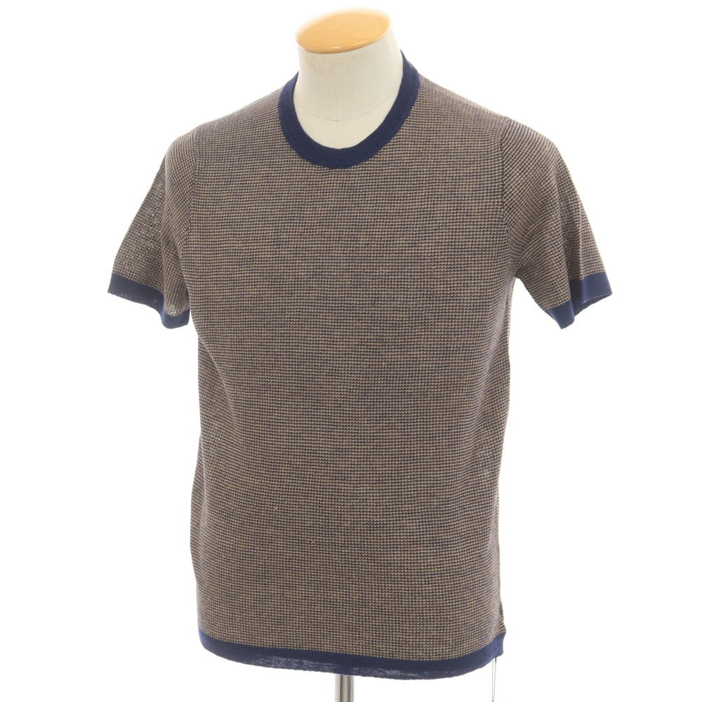 【新品】ザノーネ ZANONE リネン クルーネック 半袖 プルオーバーニット ベージュxネイビー【 44 】【 状態ランクN 】【 メンズ 】