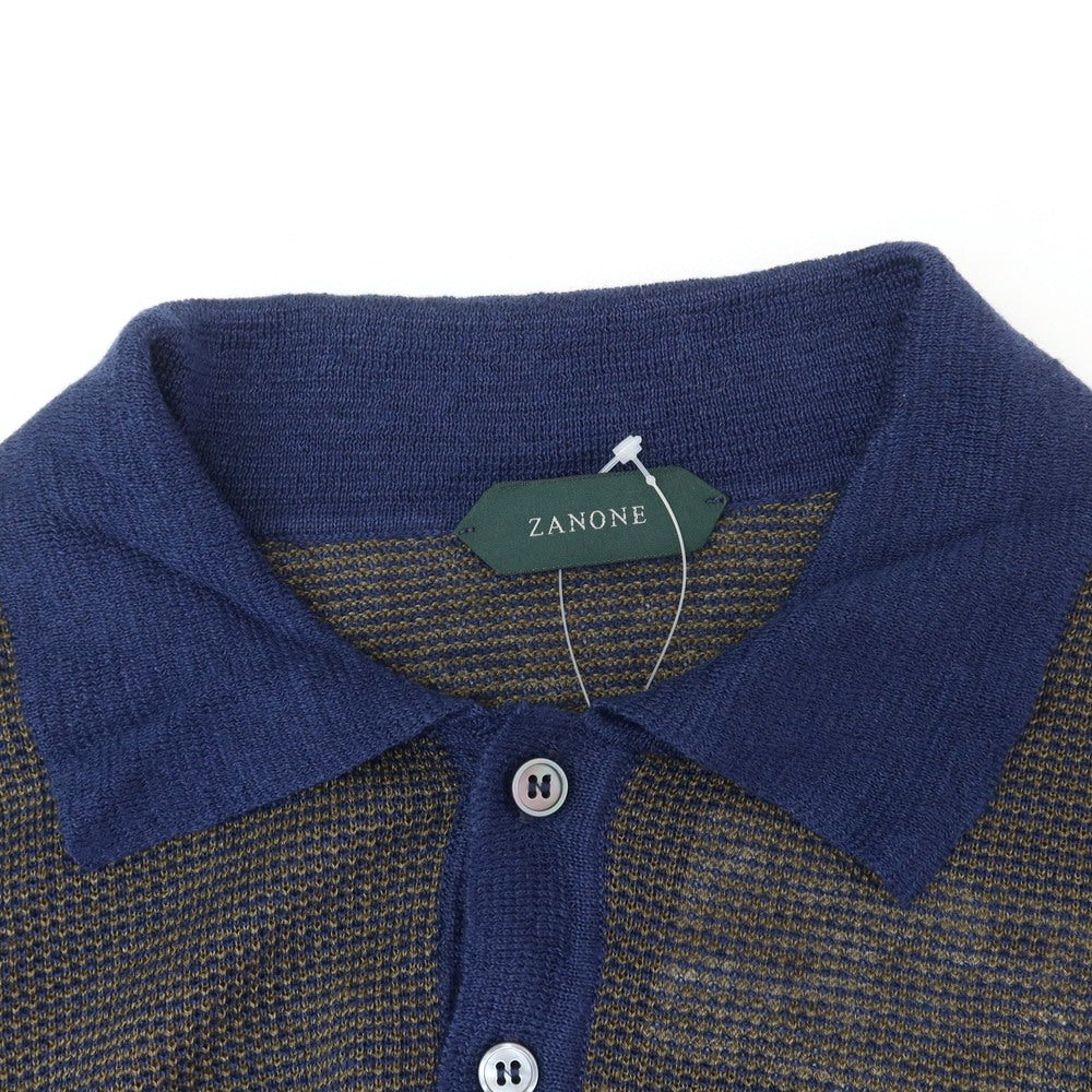 【新品】ザノーネ ZANONE リネン 半袖 ポロニット オリーブxネイビー【 44 】【 状態ランクN 】【 メンズ 】