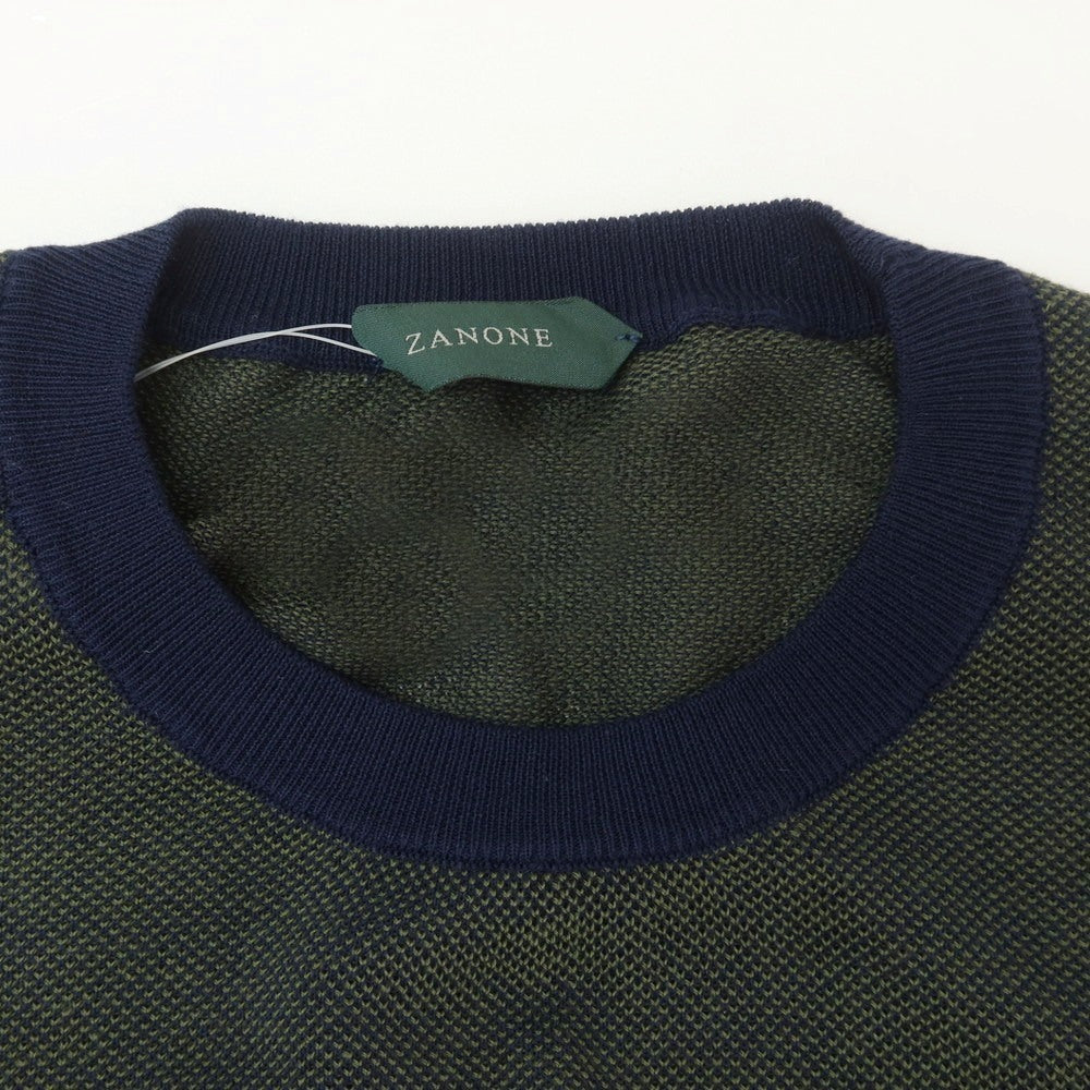 【新品】ザノーネ ZANONE コットン クルーネック ポロニット オリーブグリーンxネイビー【 46 】【 状態ランクN 】【 メンズ 】