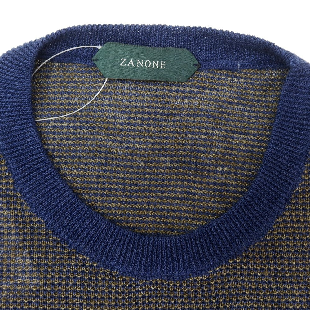 【新品】ザノーネ ZANONE リネン クルーネック 半袖 プルオーバーニット オリーブxネイビー【 44 】【 状態ランクN 】【 メンズ 】