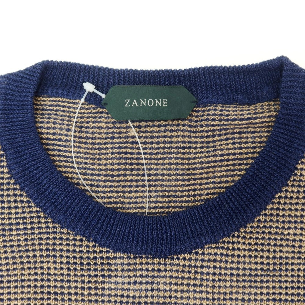 【新品】ザノーネ ZANONE リネン クルーネック 半袖 プルオーバーニット ベージュxネイビー【 50 】【 状態ランクN 】【 メンズ 】