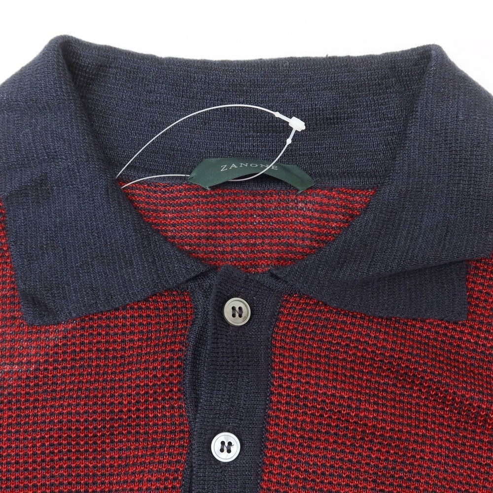 【新品】ザノーネ ZANONE リネン 半袖 ポロニット レッドxネイビー【 46 】【 状態ランクN 】【 メンズ 】