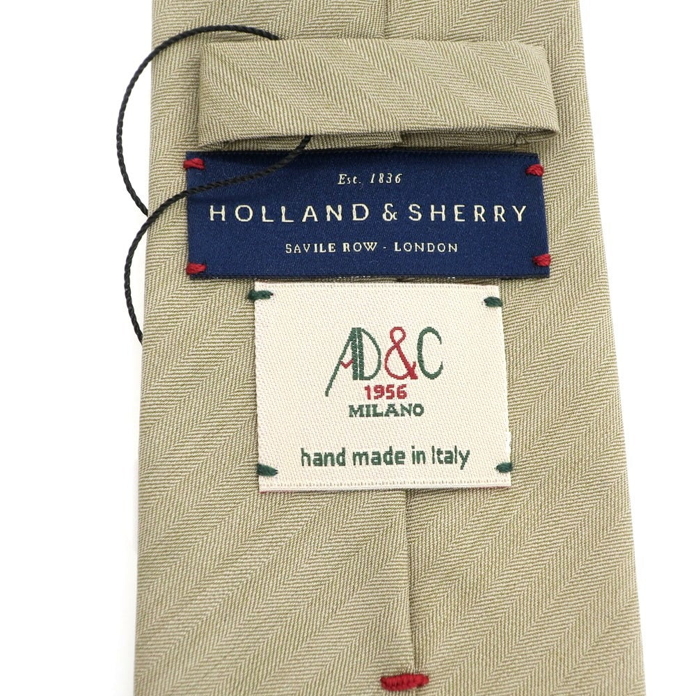 【新品】アーディーアンドシー AD&C 1956 ヘリンボーン織 ウールシルク 無地ネクタイ カーキベージュ【 状態ランクN 】【 メンズ 】
