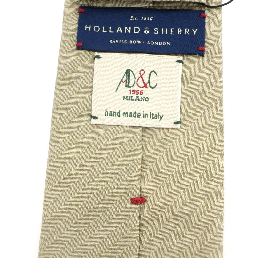 【新品】アーディーアンドシー AD&C 1956 ヘリンボーン織 ウールシルク 無地ネクタイ カーキベージュ【 状態ランクN 】【 メンズ 】