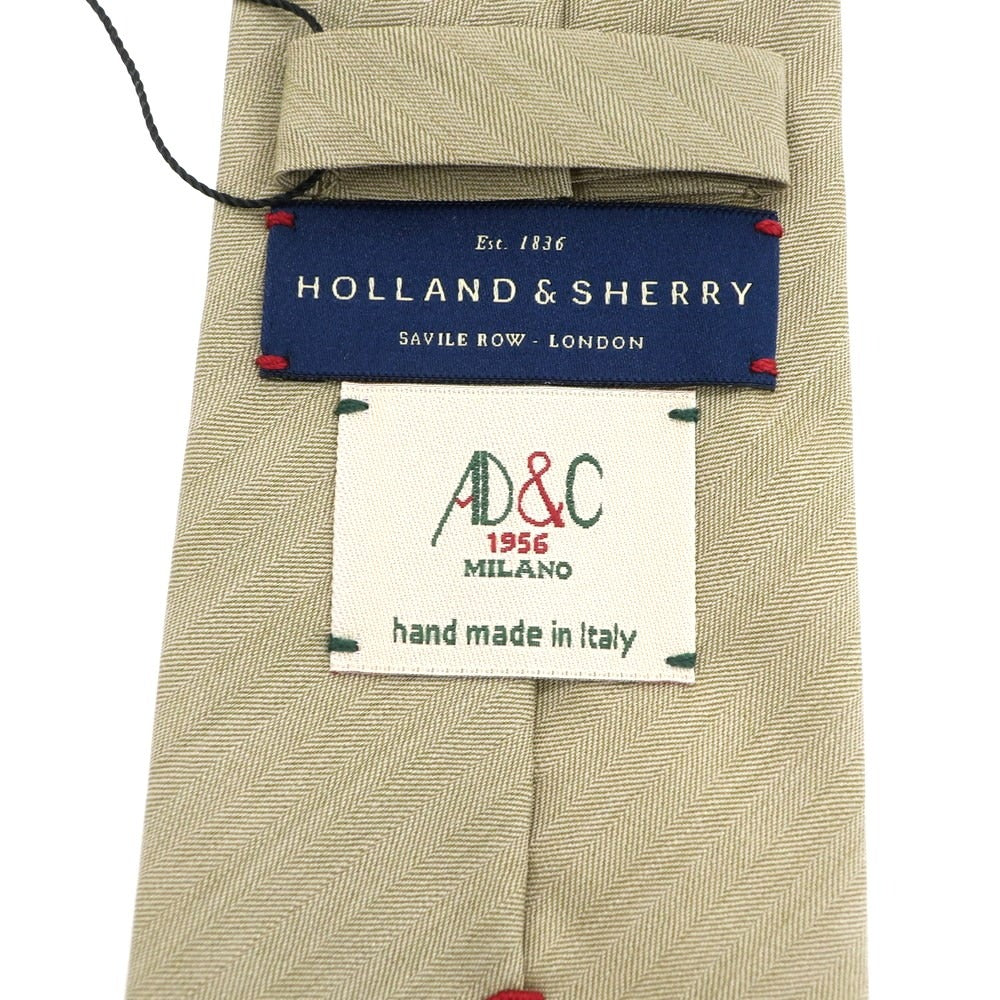 【新品】アーディーアンドシー AD&C 1956 ヘリンボーン織 ウールシルク 無地ネクタイ カーキベージュ【 状態ランクN 】【 メンズ 】