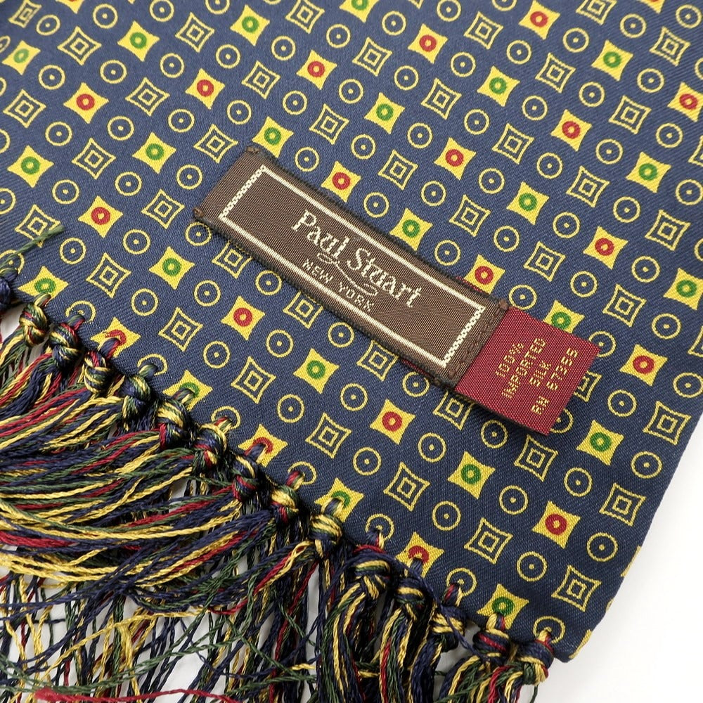 【中古】ポールスチュアート PAUL STUART シルク 小紋柄 フリンジ スカーフ ネイビーxイエロー【 状態ランクA 】【 メンズ 】