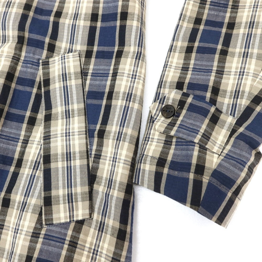 【新品】イーヴォ Hevo コットンリネン チェック ステンカラーコート グレージュxネイビー【 50 】【 状態ランクN 】【 メンズ 】