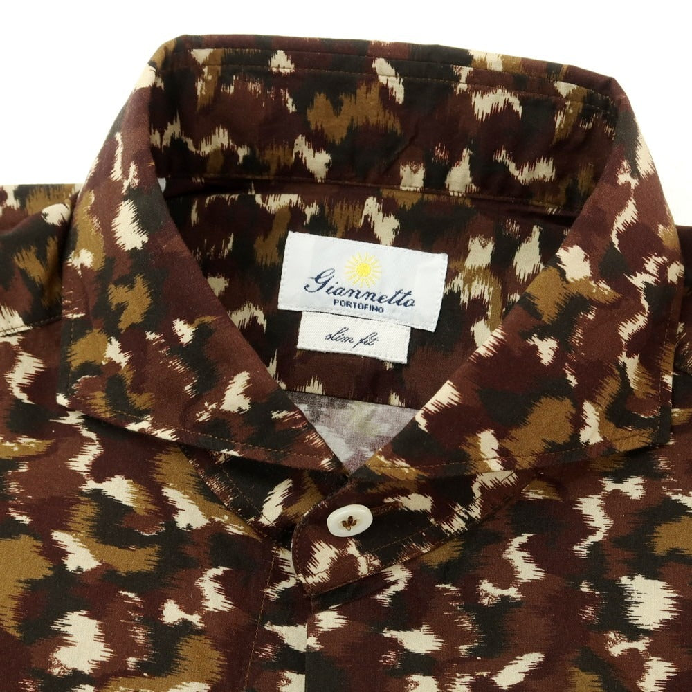 【新品】ジャンネット giannetto コットン ホリゾンタルカラー カジュアルシャツ ブラウンxカーキ【 S 】【 状態ランクN 】【 メンズ 】