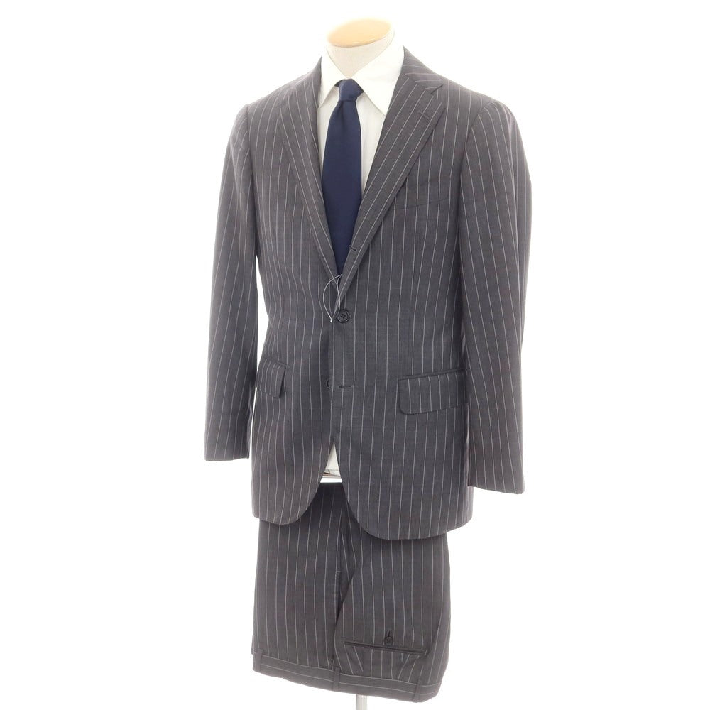 【中古】ビームスエフ BEAMS F Sartello by BEAMS ウール ストライプ 3つボタンスーツ ダークグレーxホワイト【 44 】【 状態ランクC 】【 メンズ 】