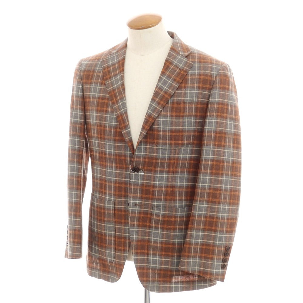 【中古】ポールスチュアート PAUL STUART チェック ウールシルクリネン 3B テーラードジャケット グレーxブラウン【 M 】【 状態ランクC 】【 メンズ 】