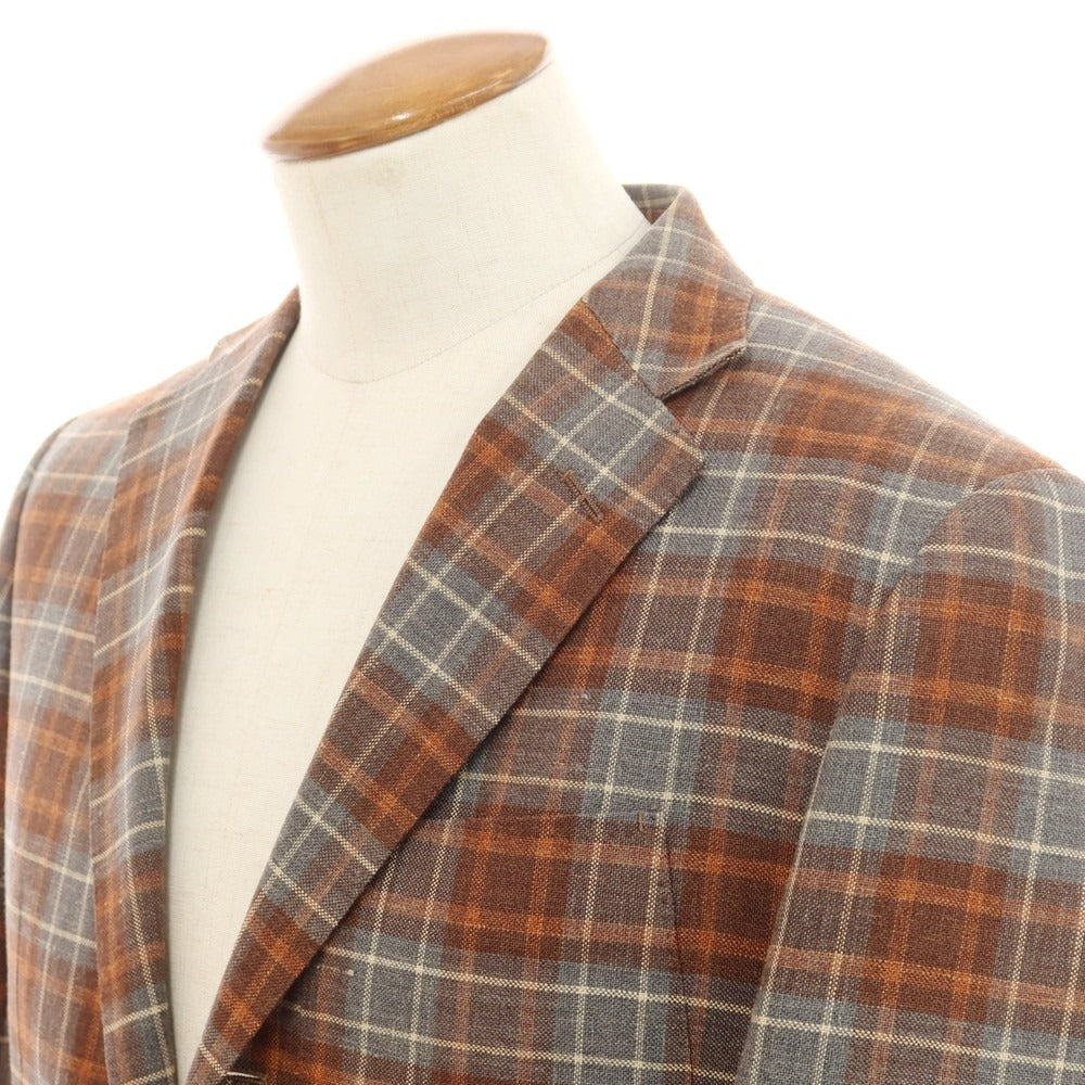 【中古】ポールスチュアート PAUL STUART チェック ウールシルクリネン 3B テーラードジャケット グレーxブラウン【 M 】【 状態ランクC 】【 メンズ 】