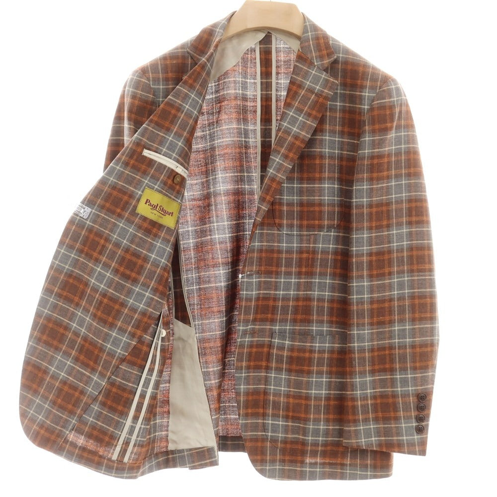 【中古】ポールスチュアート PAUL STUART チェック ウールシルクリネン 3B テーラードジャケット グレーxブラウン【 M 】【 状態ランクC 】【 メンズ 】