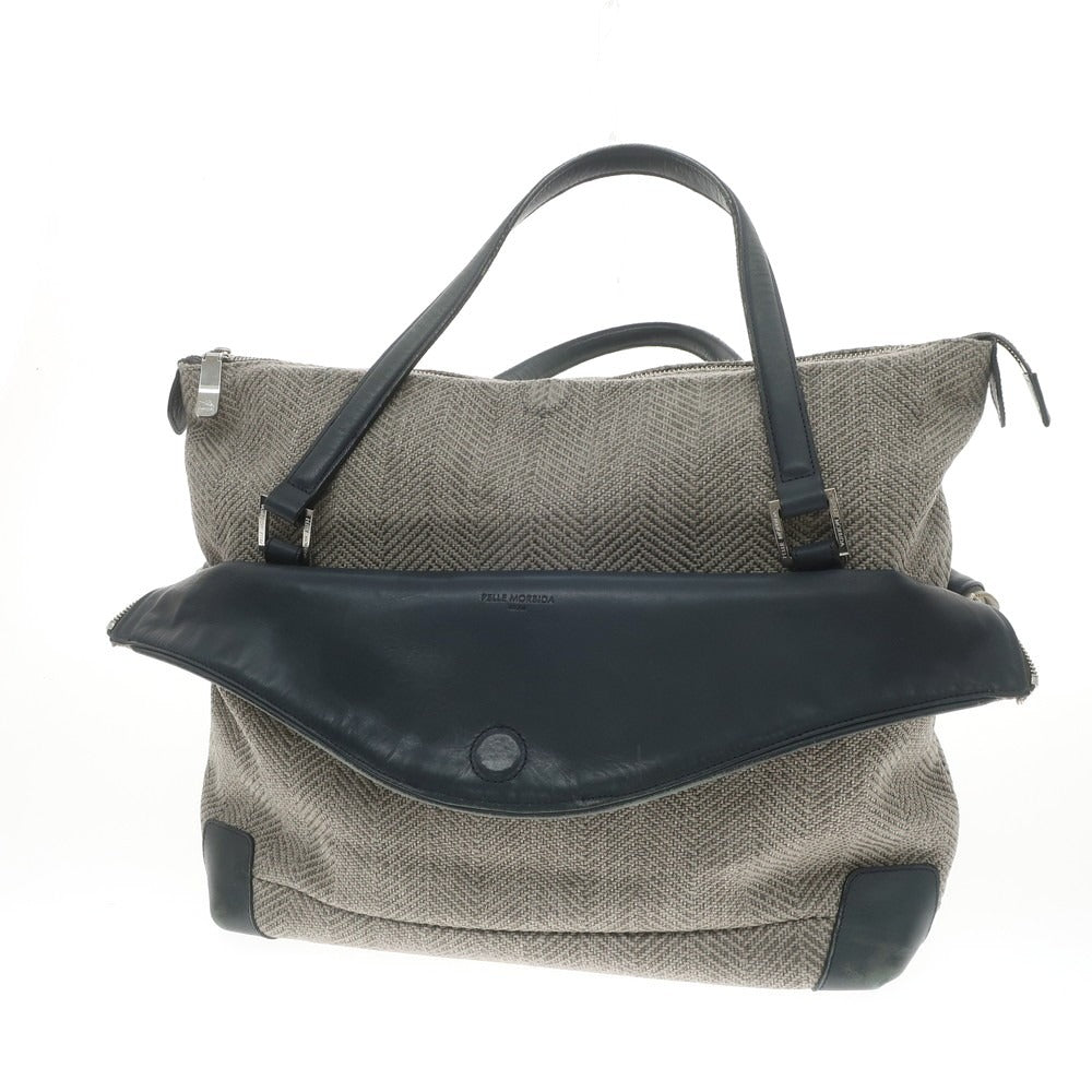 【中古】ペッレモルビダ PELLE MORBIDA ヘリンボーンキャンバス トートバッグ グレージュxグリーン【 状態ランクC 】【 メンズ 】