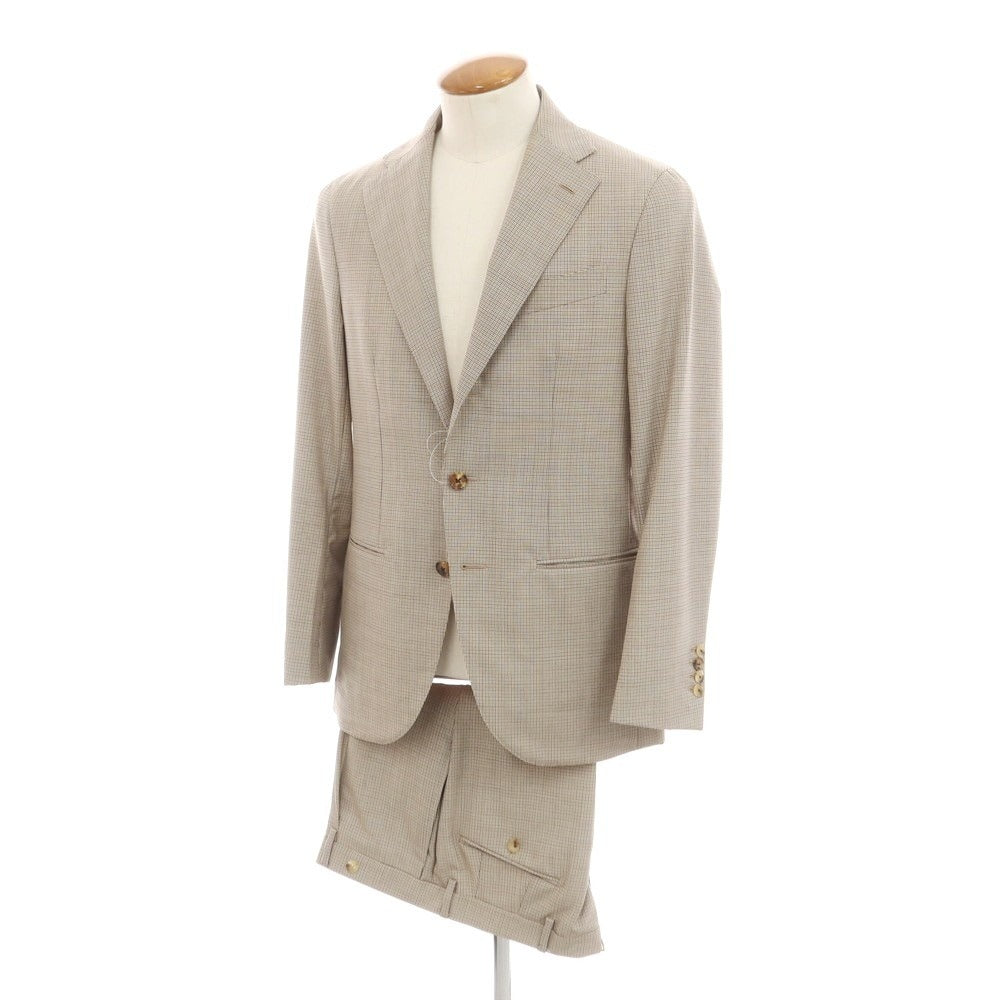 【中古】カルーゾ CARUSO ウール ガンクラブチェック 3つボタンスーツ ベージュxブラック【 48 Drop8 】【 状態ランクA 】【 メンズ 】