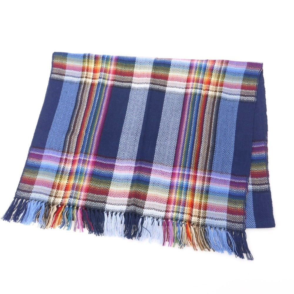 【中古】イノウエブラザーズ THE INOUE BROTHERS ウール系 チェック 大判 マフラー ネイビーxマルチカラー【 状態ランクB 】【 メンズ 】