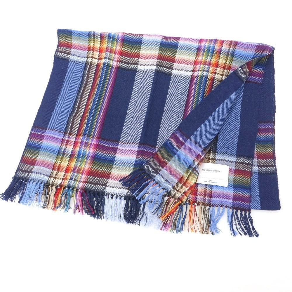 【中古】イノウエブラザーズ THE INOUE BROTHERS ウール系 チェック 大判 マフラー ネイビーxマルチカラー【 状態ランクB 】【 メンズ 】
