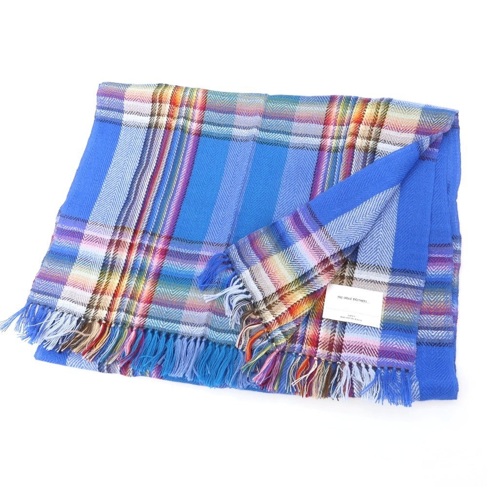 【中古】イノウエブラザーズ THE INOUE BROTHERS ウール系 チェック 大判 マフラー ブルーxマルチカラー【 状態ランクB 】【 メンズ 】