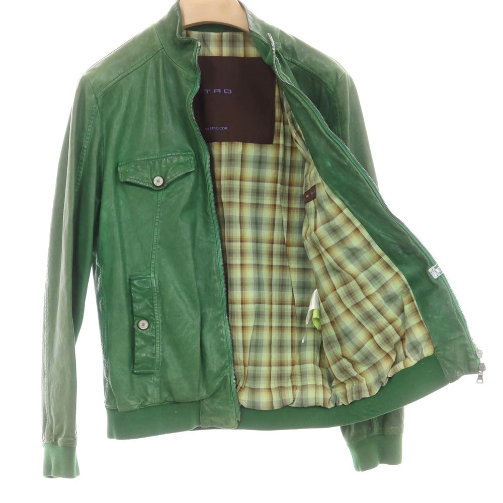 【中古】エトロ ETRO 羊革 スタンドカラー レザーブルゾン グリーン【 S 】【 状態ランクC 】【 メンズ 】