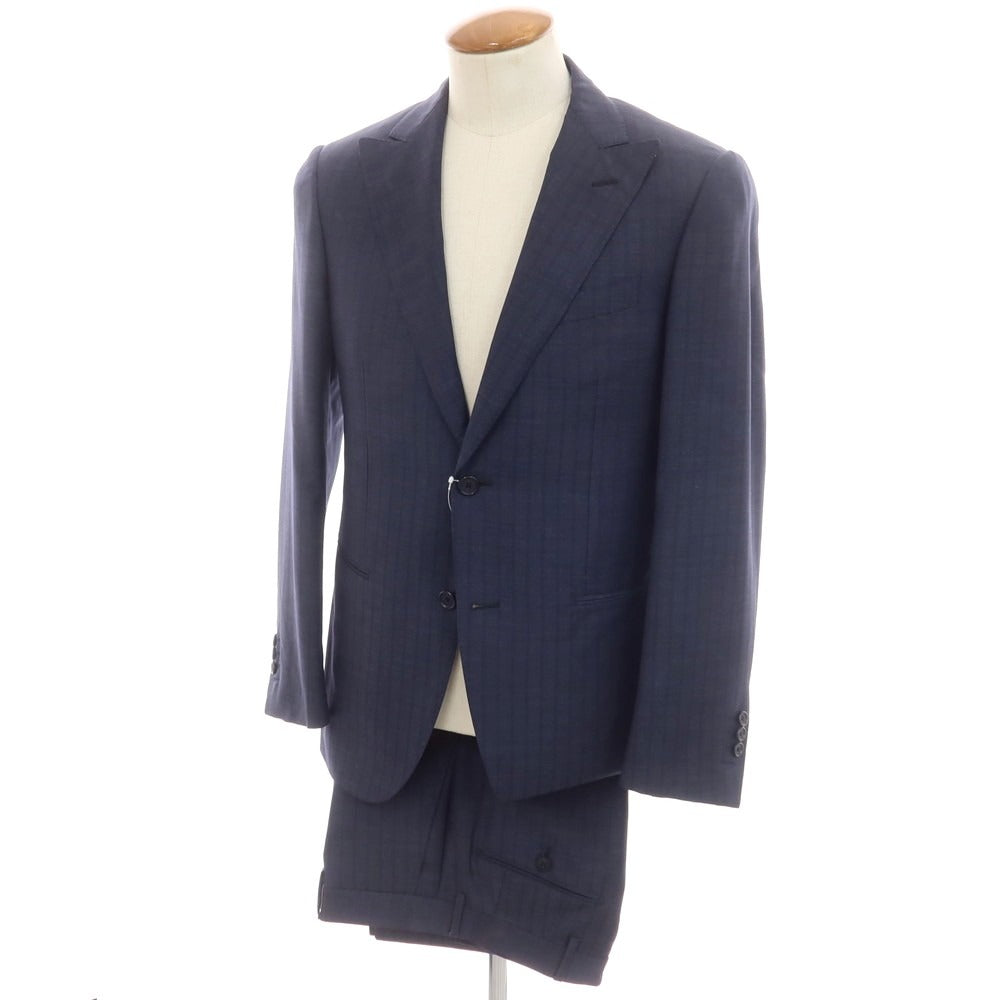 【中古】カルーゾ CARUSO ウールモヘヤ ストライプ 2つボタンスーツ ネイビー【 46 】【 状態ランクB 】【 メンズ 】