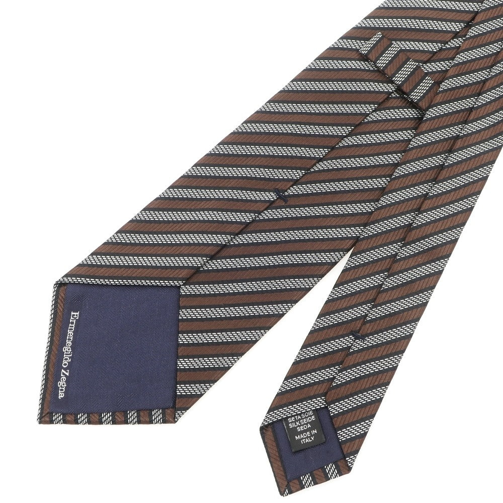 【中古】エルメネジルドゼニア Ermenegildo Zegna 3つ折り シルク ストライプ柄ネクタイ ブラウンxブラック【 状態ランクB 】【 メンズ 】