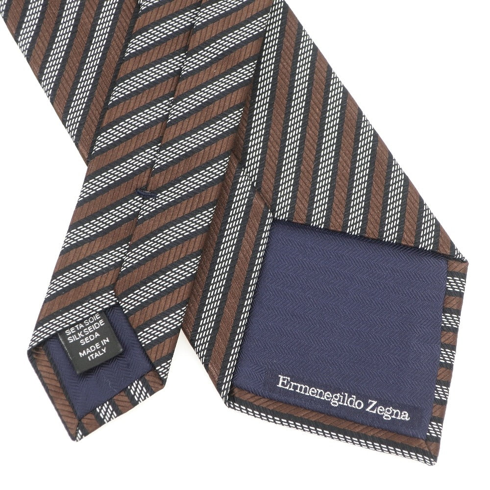 【中古】エルメネジルドゼニア Ermenegildo Zegna 3つ折り シルク ストライプ柄ネクタイ ブラウンxブラック【 状態ランクB 】【 メンズ 】