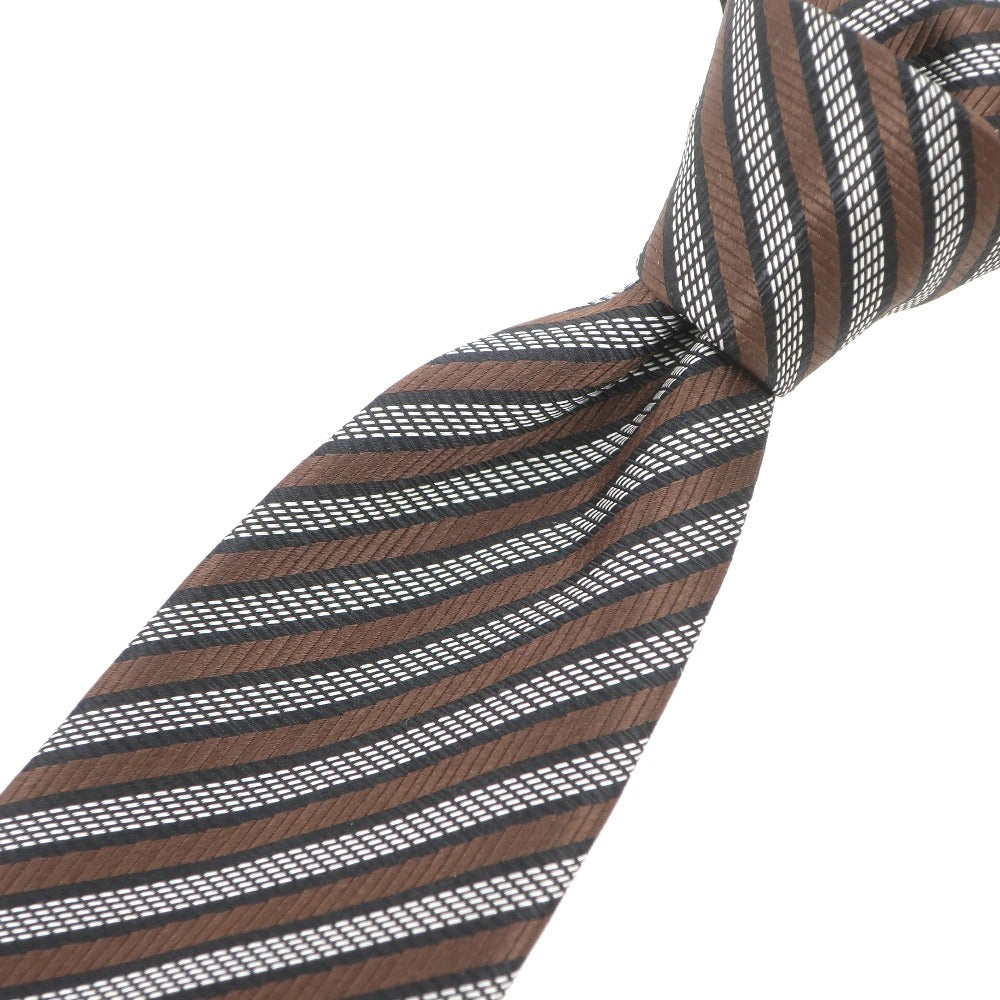 【中古】エルメネジルドゼニア Ermenegildo Zegna 3つ折り シルク ストライプ柄ネクタイ ブラウンxブラック【 状態ランクB 】【 メンズ 】