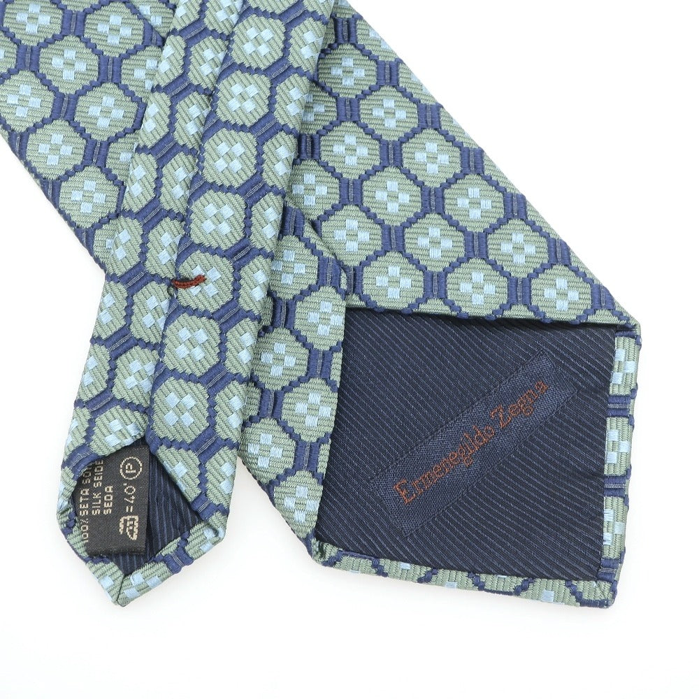 【中古】エルメネジルドゼニア Ermenegildo Zegna 3つ折り シルク ネクタイ ライトグリーンxライトネイビー【 状態ランクB 】【 メンズ 】