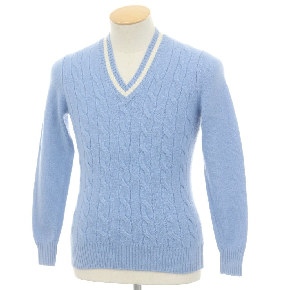 【中古】フィリッポ デ ローレンティス FILIPPO DE LAURENTIIS  ケーブル編み ウールカシミヤ Vネック プルオーバーニット ライトブルー【 44 】【 状態ランクC 】【 メンズ 】