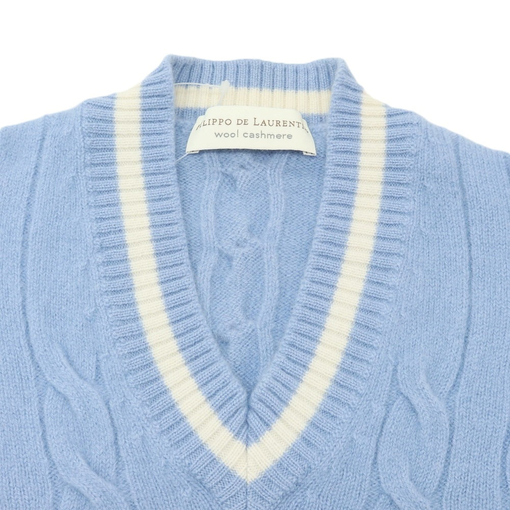 【中古】フィリッポ デ ローレンティス FILIPPO DE LAURENTIIS  ケーブル編み ウールカシミヤ Vネック プルオーバーニット ライトブルー【 44 】【 状態ランクC 】【 メンズ 】