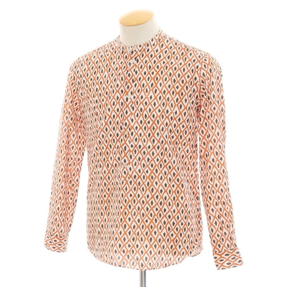 【中古】バグッタ Bagutta コットン バンドカラー プルオーバー カジュアルシャツ ホワイトxオレンジブラウン【 XS 】【 状態ランクB 】【 メンズ 】