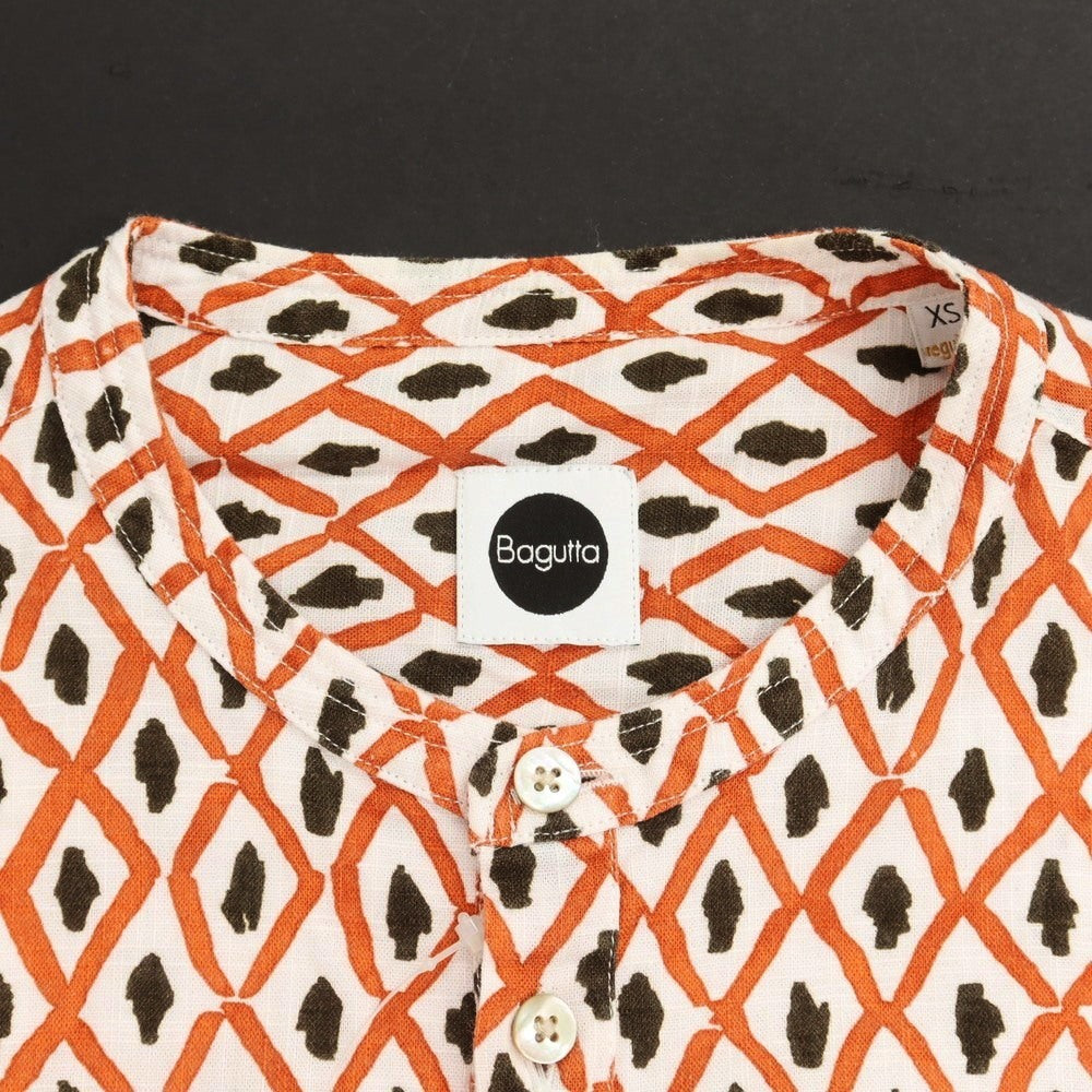 【中古】バグッタ Bagutta コットン バンドカラー プルオーバー カジュアルシャツ ホワイトxオレンジブラウン【 XS 】【 状態ランクB 】【 メンズ 】