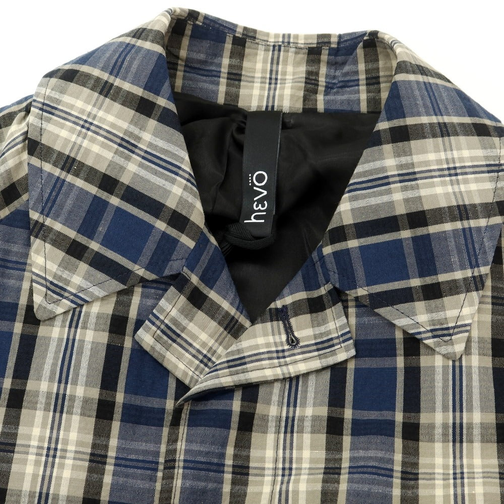 【新品】イーヴォ Hevo コットンリネン チェック ステンカラーコート ネイビーxベージュ【 50 】【 状態ランクN 】【 メンズ 】