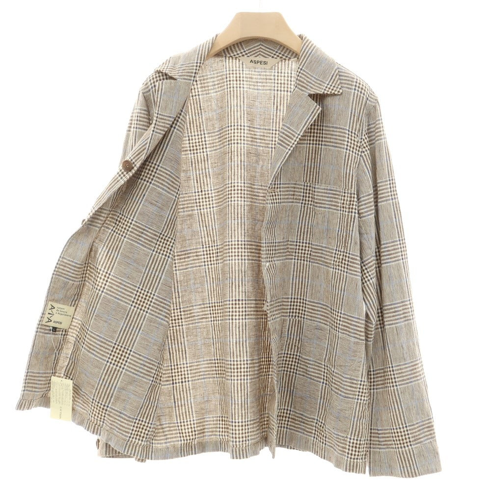 【新品】アスペジ ASPESI リネンコットン チェック カジュアルジャケット ブラウンxホワイト×ブルー【 L 】【 状態ランクN 】【 メンズ 】