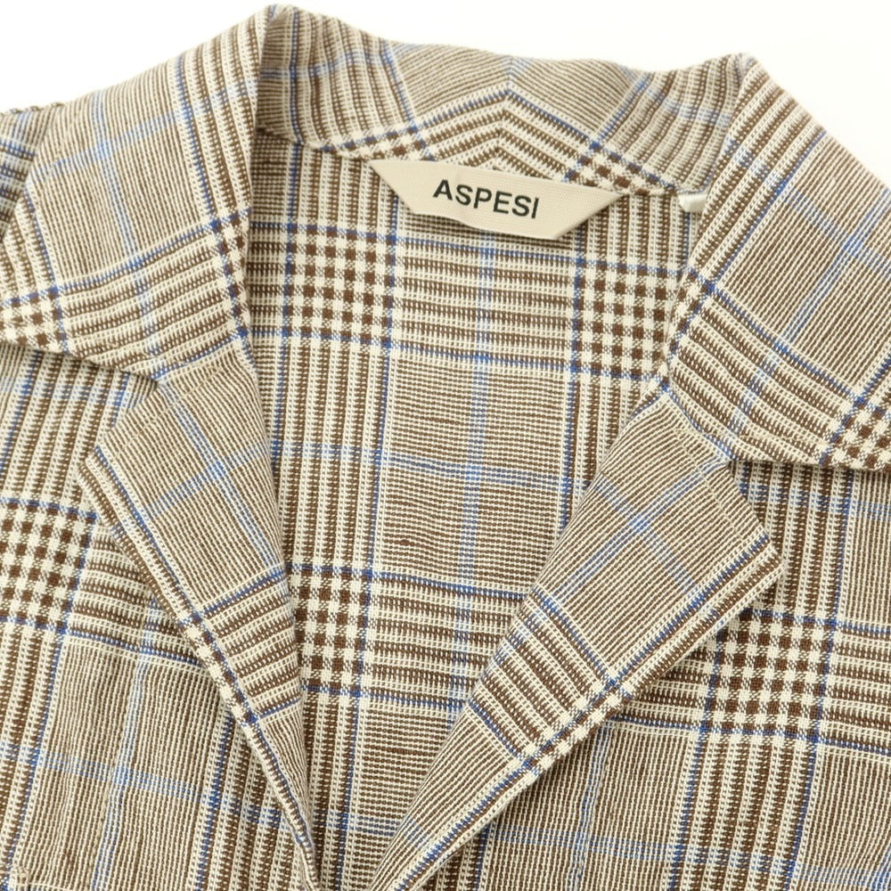 【新品】アスペジ ASPESI リネンコットン チェック カジュアルジャケット ブラウンxホワイト×ブルー【 L 】【 状態ランクN 】【 メンズ 】