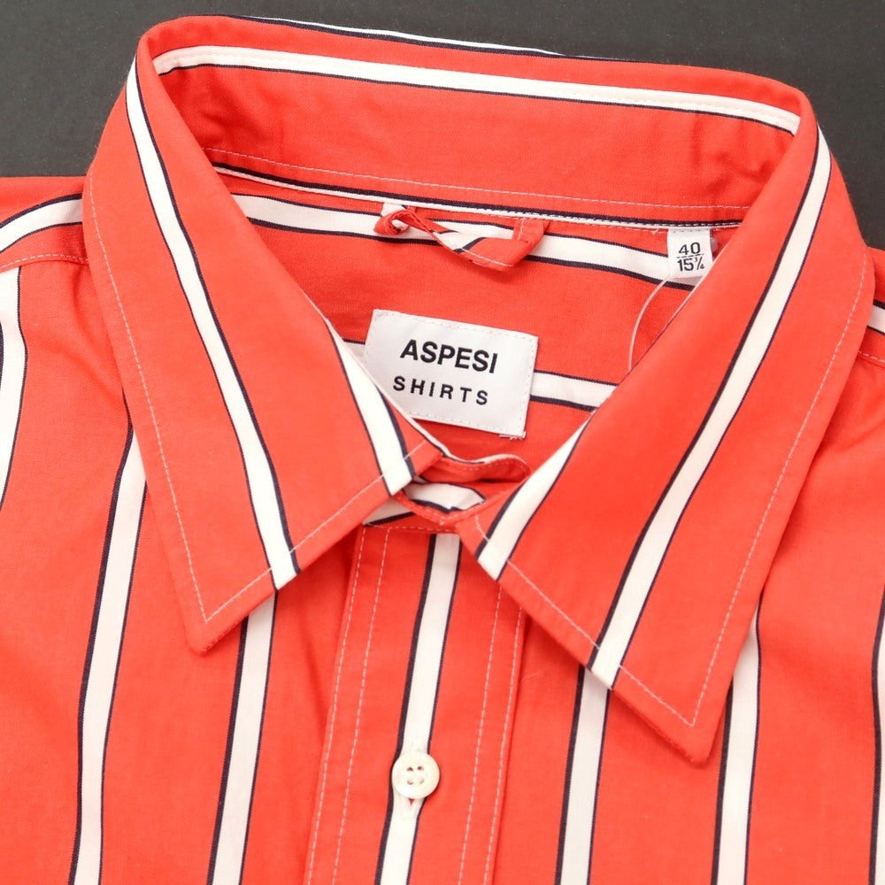 【新品】アスペジ ASPESI コットン ストライプ レギュラーカラー カジュアルシャツ レッドxホワイト【 40 】【 状態ランクN 】【 メンズ 】