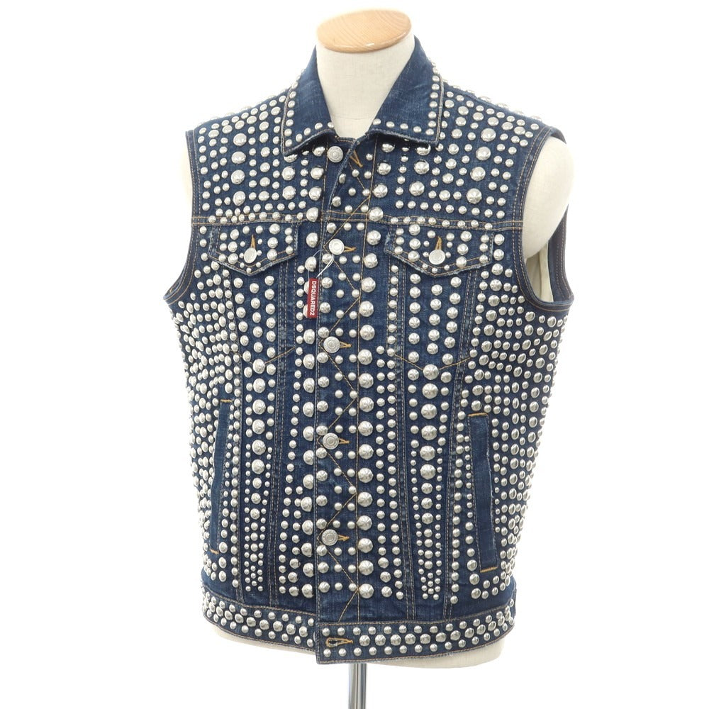 【新品】ディースクエアード DSQUARED2 総スタッズ ノースリーブ デニムジャケット ジージャン ネイビーxシルバー【 44 】【 状態ランクN 】【 メンズ 】