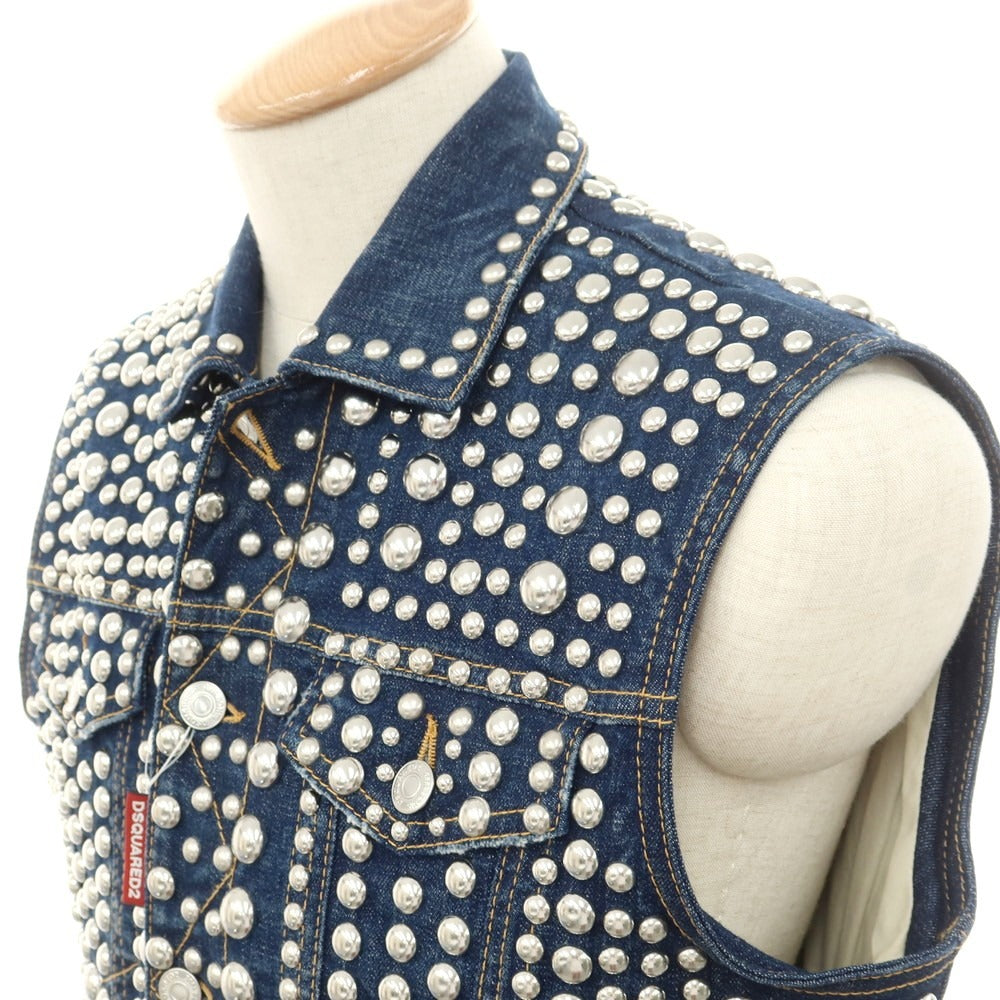 【新品】ディースクエアード DSQUARED2 総スタッズ ノースリーブ デニムジャケット ジージャン ネイビーxシルバー【 44 】【 状態ランクN 】【 メンズ 】