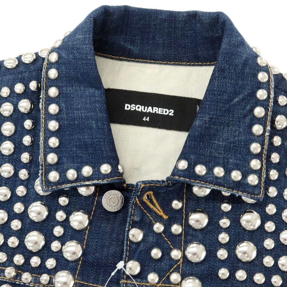 【新品】ディースクエアード DSQUARED2 総スタッズ ノースリーブ デニムジャケット ジージャン ネイビーxシルバー【 44 】【 状態ランクN 】【 メンズ 】