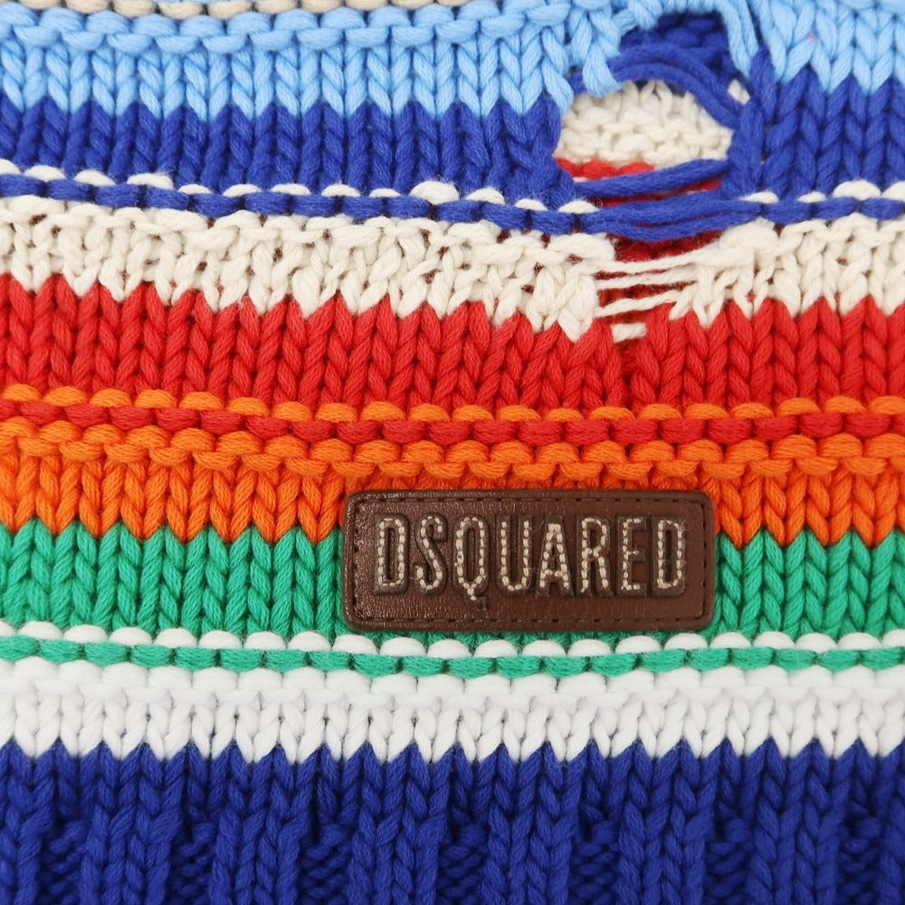 【新品】ディースクエアード DSQUARED2 ダメージ加工 コットンリネン マルチボーダー プルオーバーニット ブルーxマルチカラー【 S 】【 状態ランクN 】【 メンズ 】